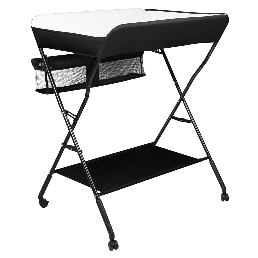 Höhenverstellbarer Klapp-Wickeltisch mit Rollen & Stauraum – tragbare Reisewickelkommode (86×62×96cm, Schwarz)