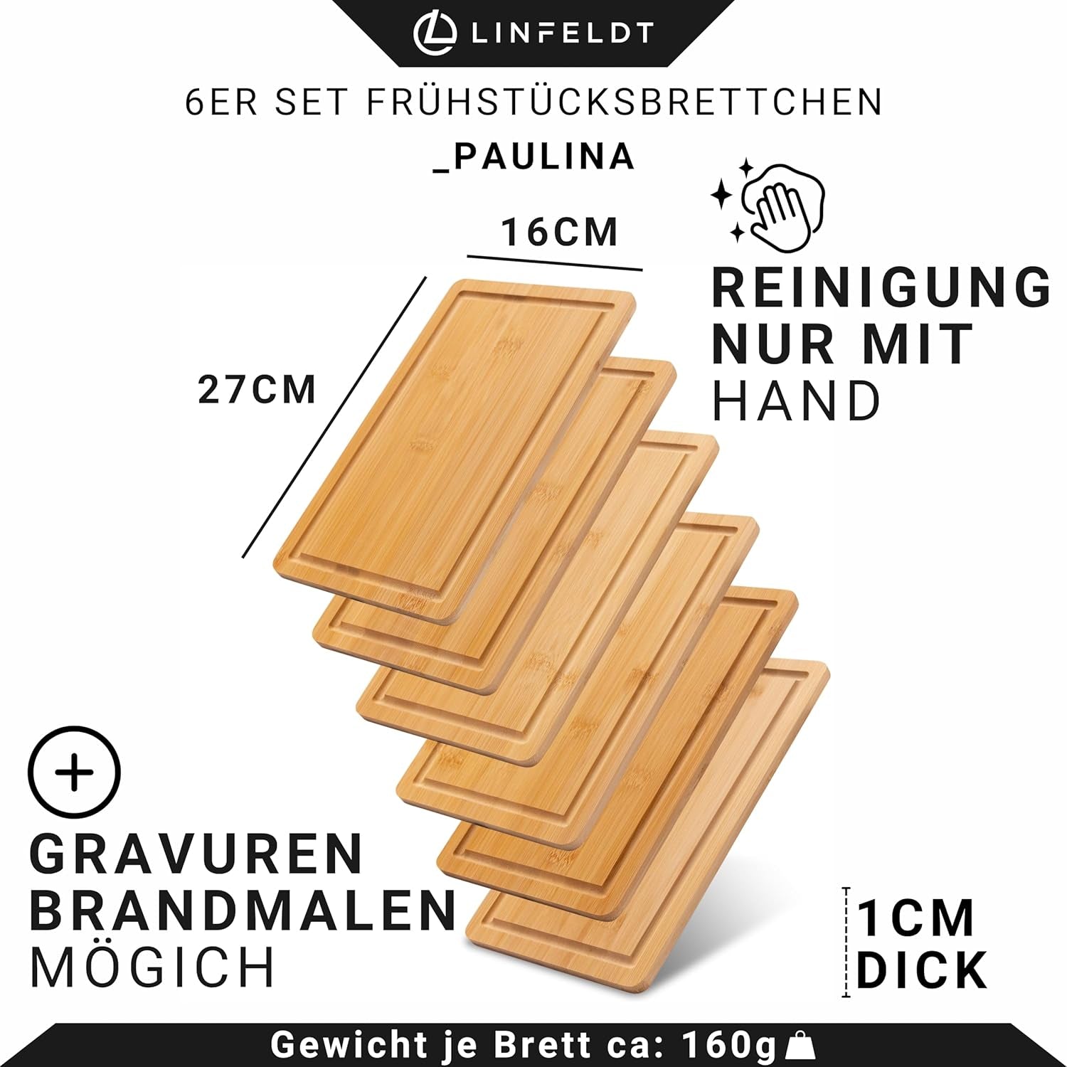 6Er Set Bambus Frühstücksbrettchen Holz 27X16X1Cm - Aus Bambus mit einer glatten Seite