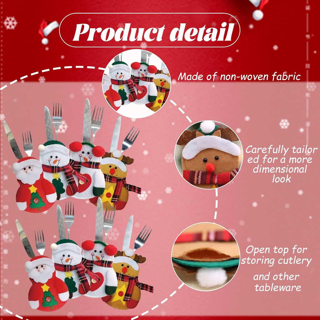 8 Stück Bestecktasche Weihnachten Geschirrschutz Besteckhalter Weihnachten 3D-Stereo Weihnachtstisch Deko Weihnachtsmann Schneemann Elch Weihnachtstischdeko Für Weihnachtsfeier