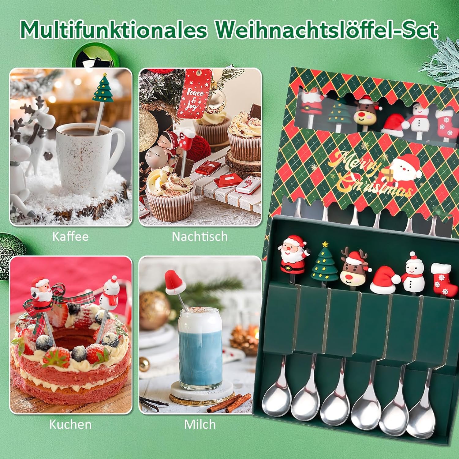 Weihnachtslöffel Set, 6 Stück Weihnachten Teelöffel, Kaffeelöffel Edelstahl, Christmas Spoons, Kaffee Weihnachten Löffel, Weihnachts Espressolöffel, Dessertlöffel Für Party Tischdekorationen
