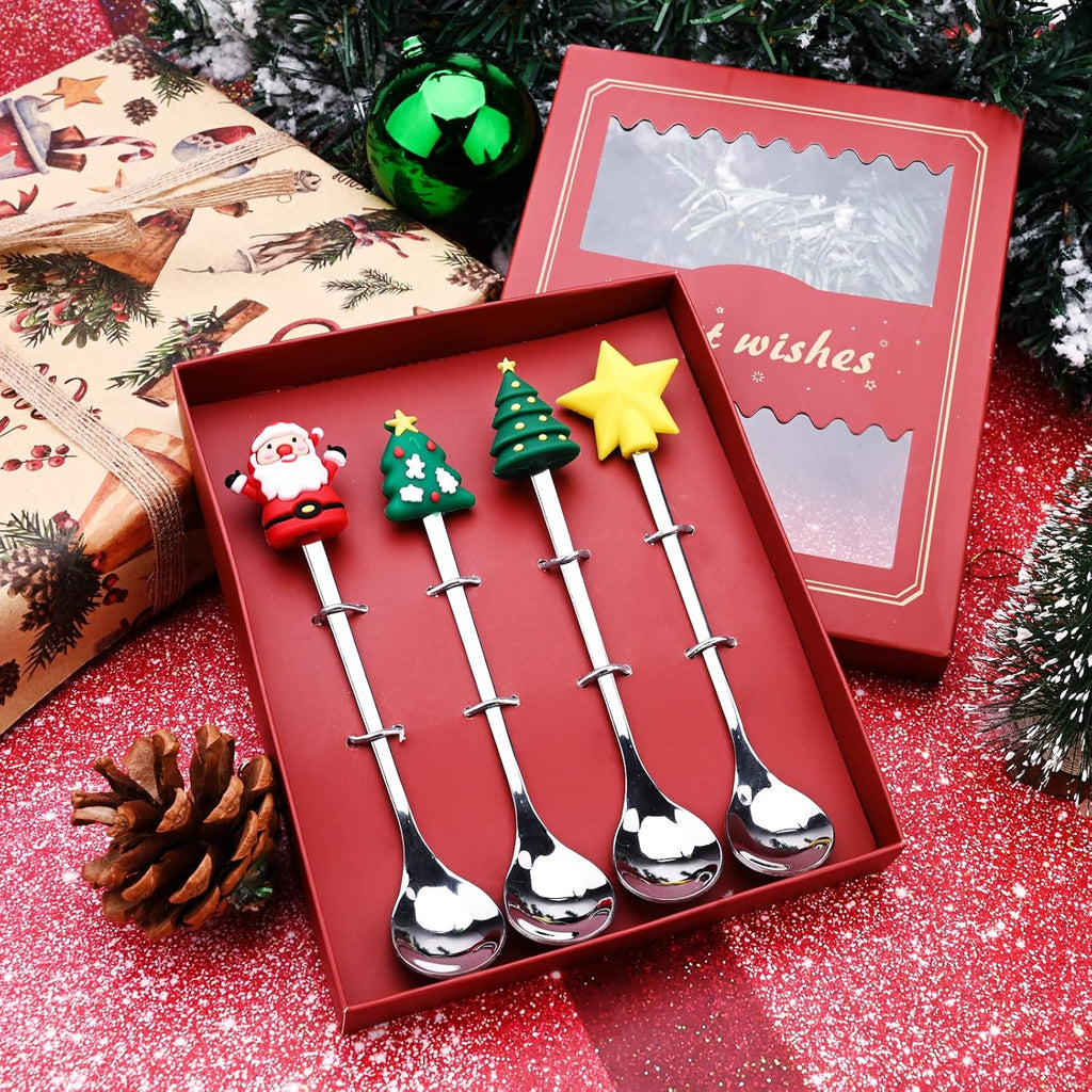 4 Stück Weihnachtslöffel,Edelstahl Weihnachtskaffeelöffel Teelöffel Set Weihnachts Kaffee-Rührlöffel Teelöffel Dessertlöffel Rührlöffel Edelstahl Löffel Mit Geschenk-Verpackung Für Geschenke (Silver)