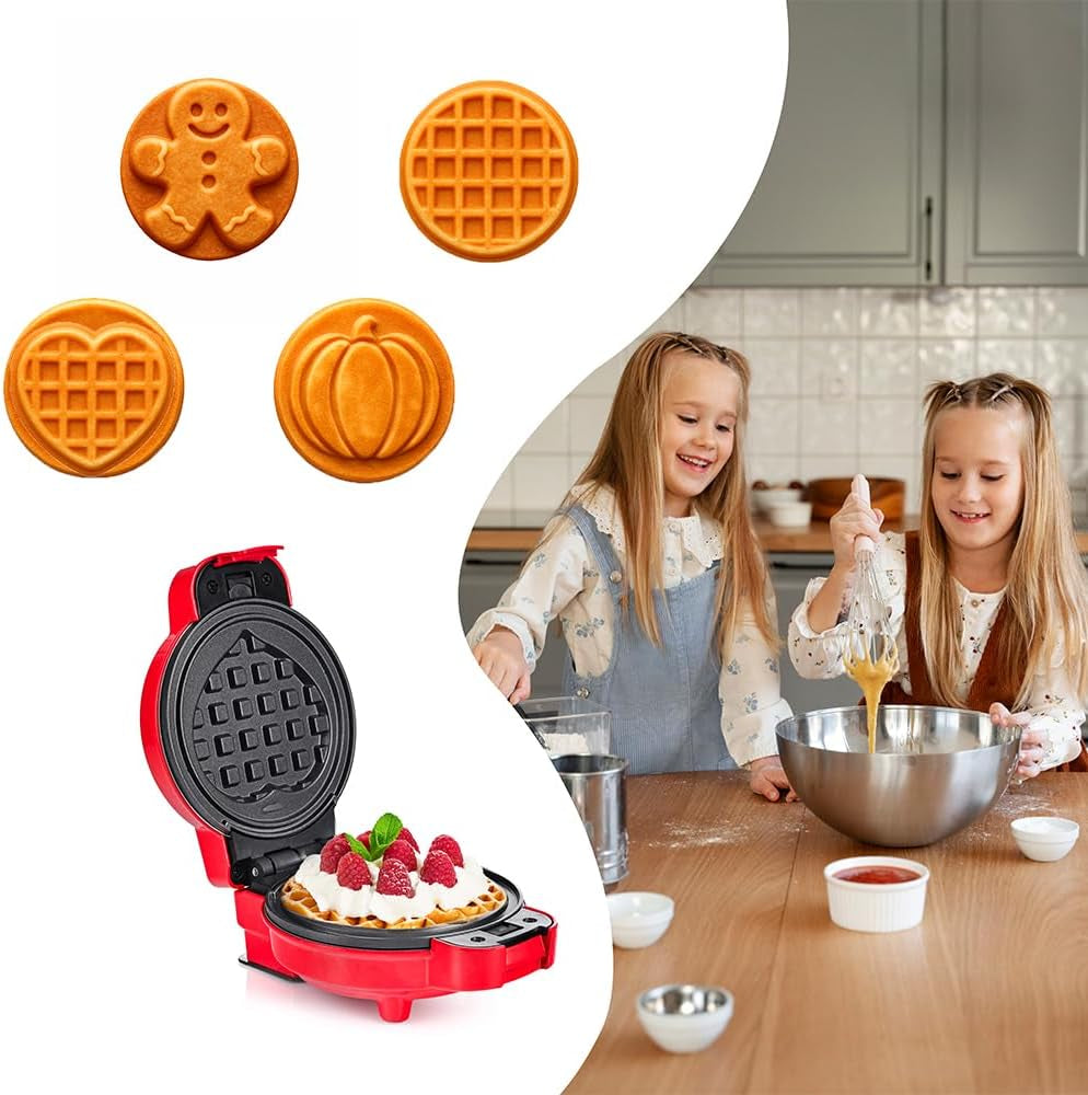 LEHMANN 4-In-1 Mini Waffeleisen Mit Wechselplatten - Kürbis, Lebkuchen, Herz Und Klassisch, Mini-Waffeleisen Für Feiertage, Halloween, Weihnachts, Kindergeburtstage, Antihaftbeschichtung, Rot