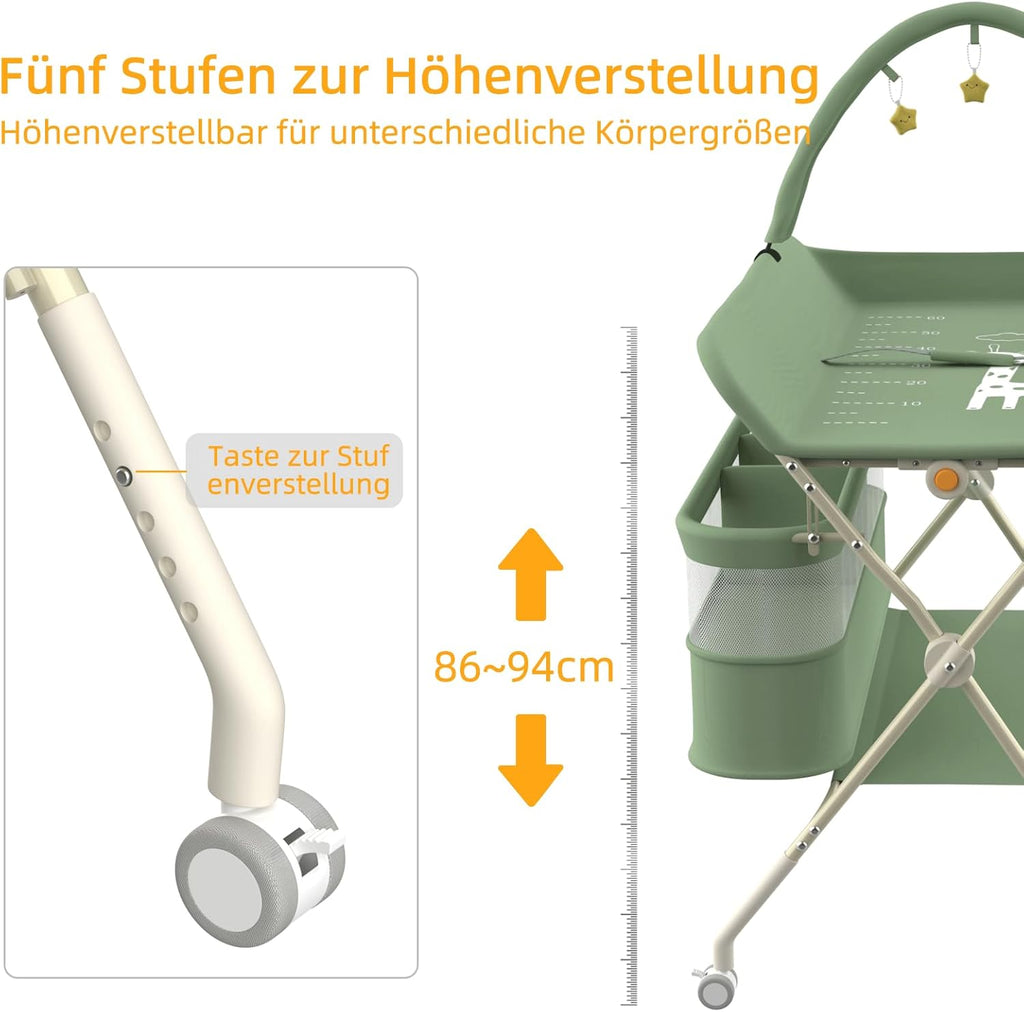 Homewell Klappbare Baby Wickelkommode mit 5 Höhen – tragbare Wickelstation mit Sicherheitsgurt, Waschbecken & Spielzeugregal (Grün)