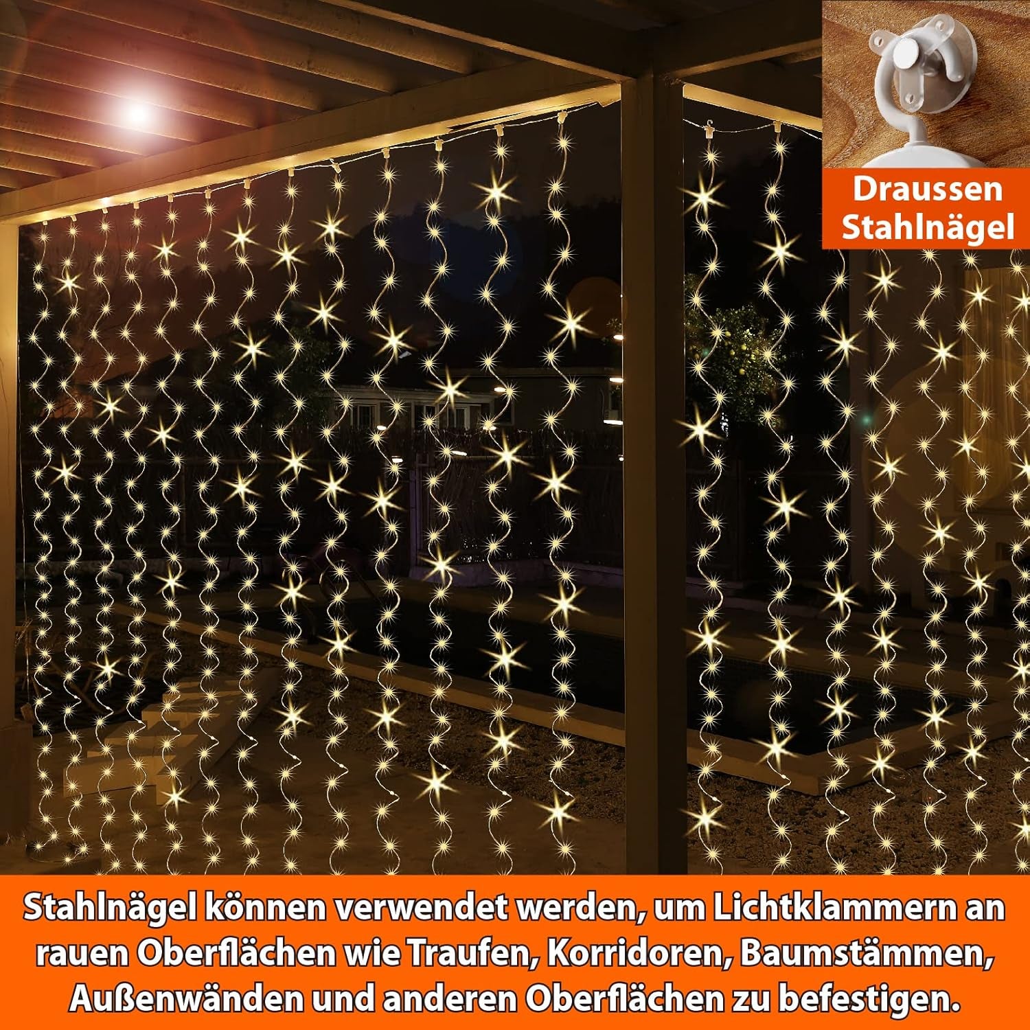 HXWEIYE 300LED Lichtervorhang Warmweiß, 3Mx3M Lichterkettenvorhang USB 8 Modi LED Lichterkette Mit 12 Haken Fernbedienung Timer Verstellbare Helligkeit Für Weihnachten Party Innen Und Außen Deko