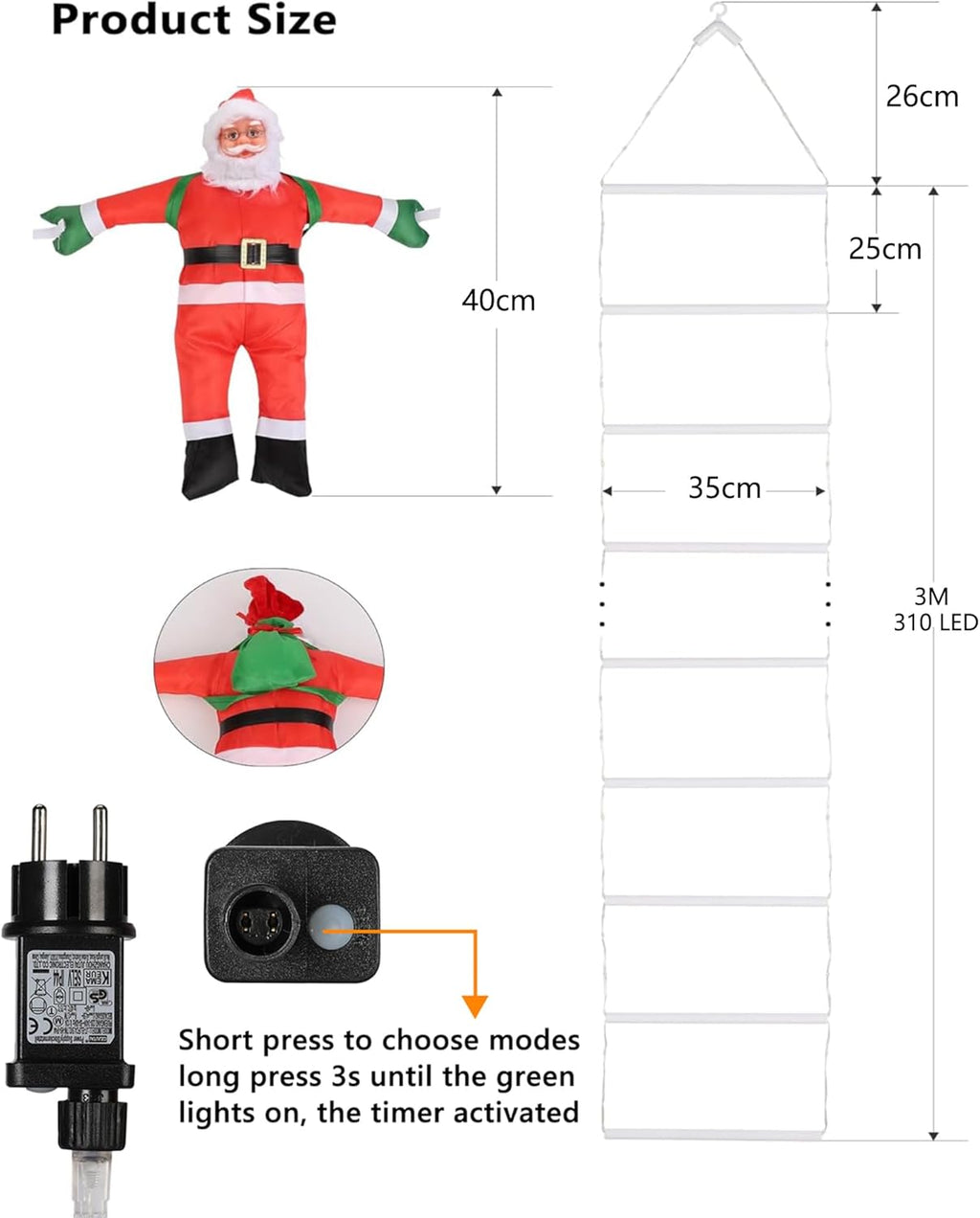 Ishabao 3M Leiter Lichterkette Mit Weihnachtsmann - 310 LED Weihnachtsbeleuchtung Strombetrieben Mit Timer, Speicherfunktion, 8 Modi, Für Innen Außen Weihnachtsbaum Weihnachten Deko (Warmweiß)