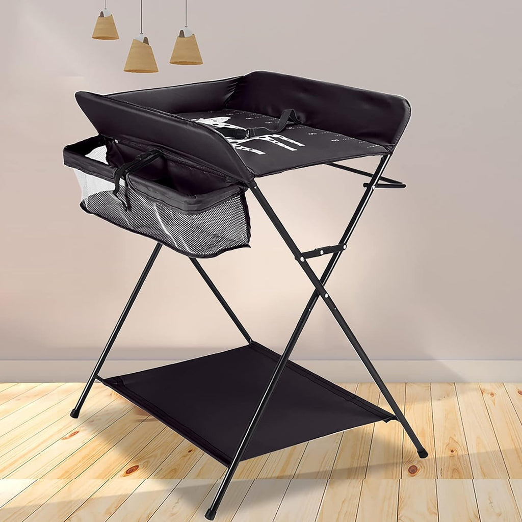Höhenverstellbarer Klapp-Wickeltisch mit Rollen & Stauraum – tragbare Reisewickelkommode (86×62×96cm, Schwarz)