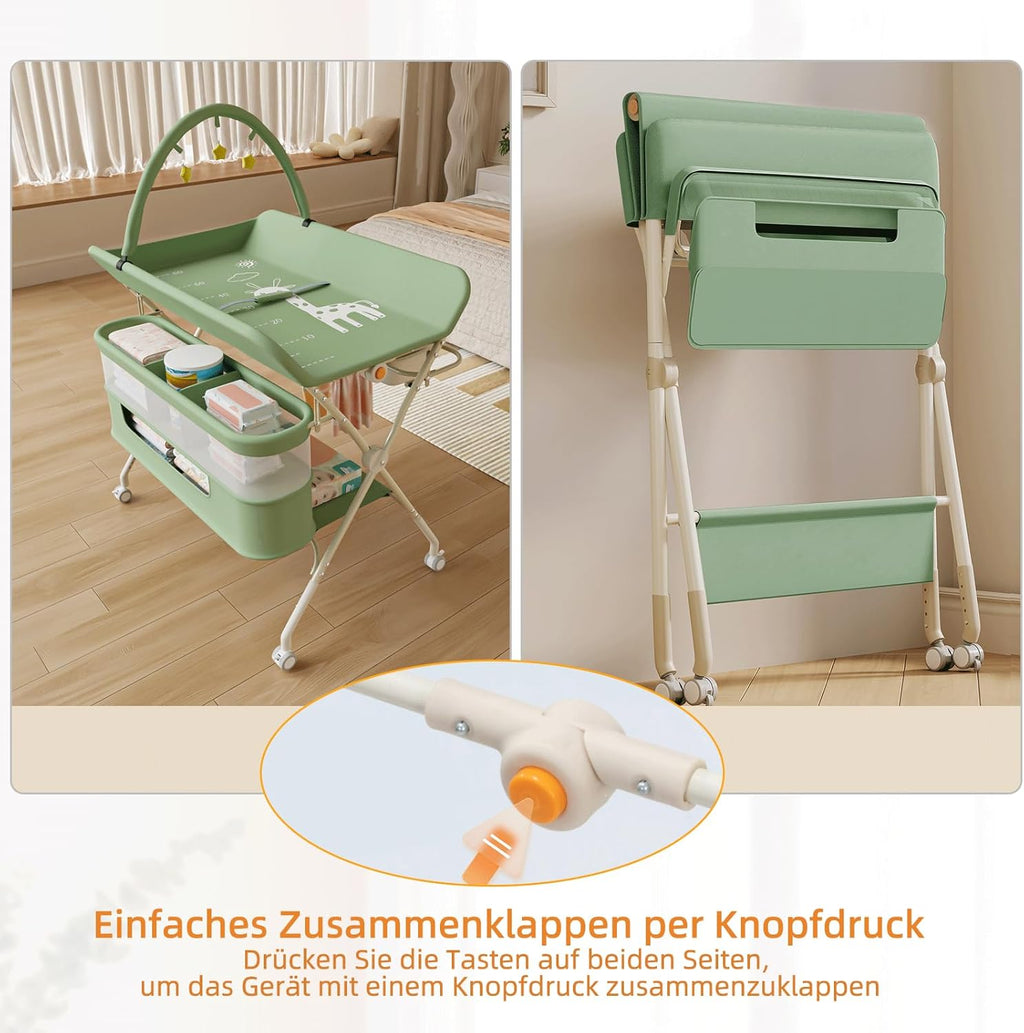 Homewell Klappbare Baby Wickelkommode mit 5 Höhen – tragbare Wickelstation mit Sicherheitsgurt, Waschbecken & Spielzeugregal (Grün)