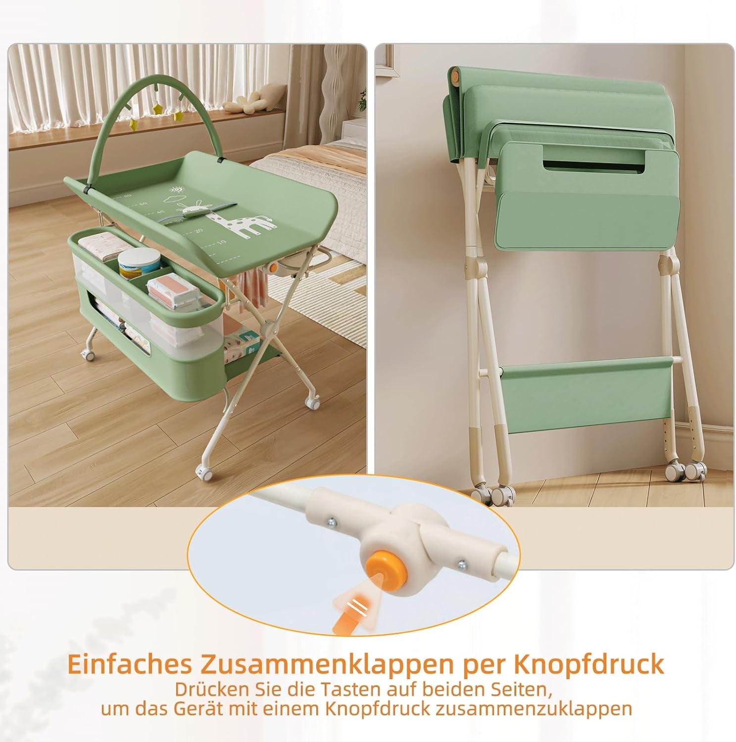 Homewell Klappbare Baby Wickelkommode mit 5 Höhen – tragbare Wickelstation mit Sicherheitsgurt, Waschbecken & Spielzeugregal (Grün)
