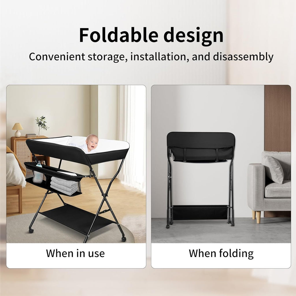 Höhenverstellbarer Klapp-Wickeltisch mit Rollen & Stauraum – tragbare Reisewickelkommode (86×62×96cm, Schwarz)