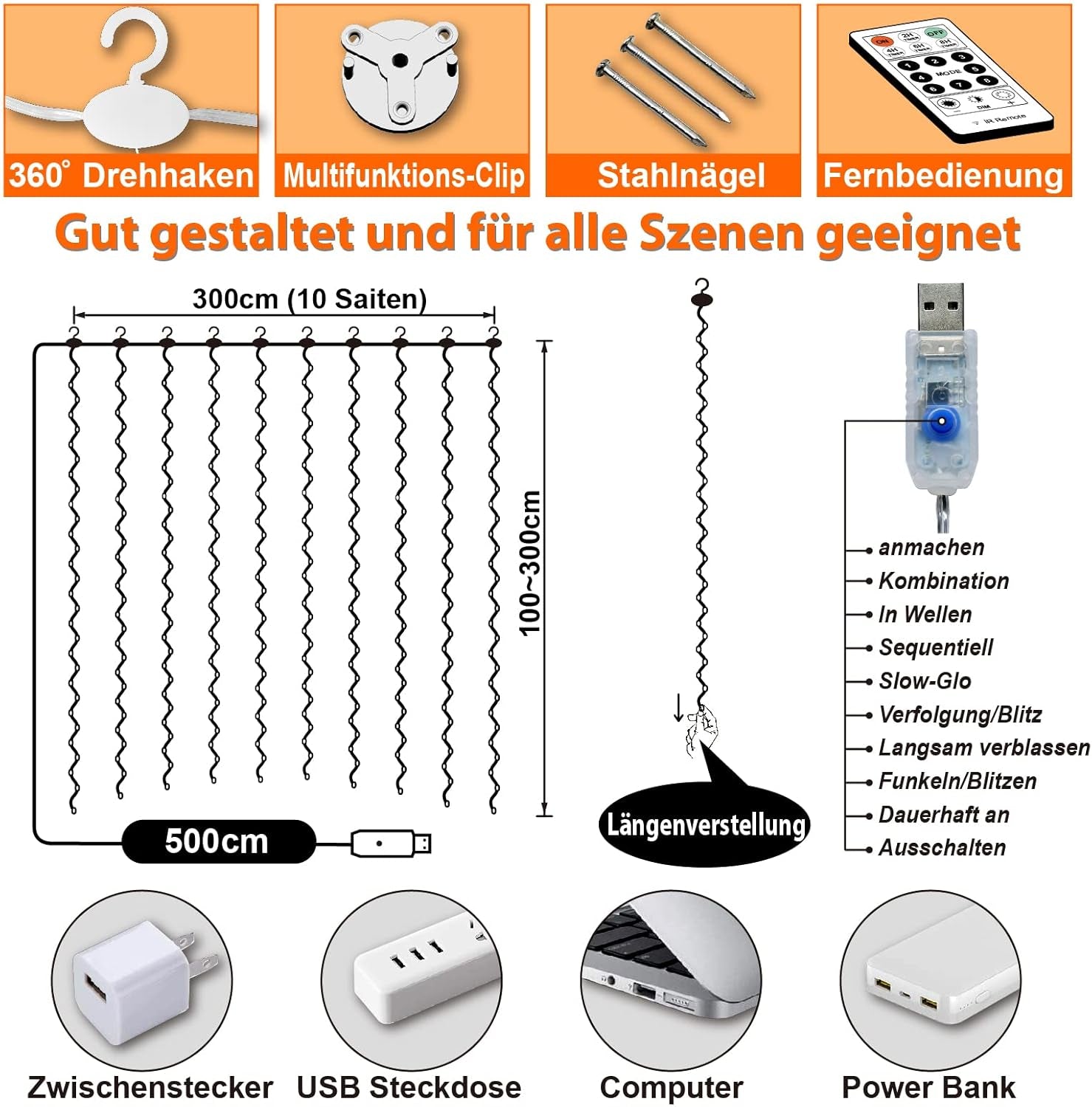 HXWEIYE 300LED Lichtervorhang Warmweiß, 3Mx3M Lichterkettenvorhang USB 8 Modi LED Lichterkette Mit 12 Haken Fernbedienung Timer Verstellbare Helligkeit Für Weihnachten Party Innen Und Außen Deko