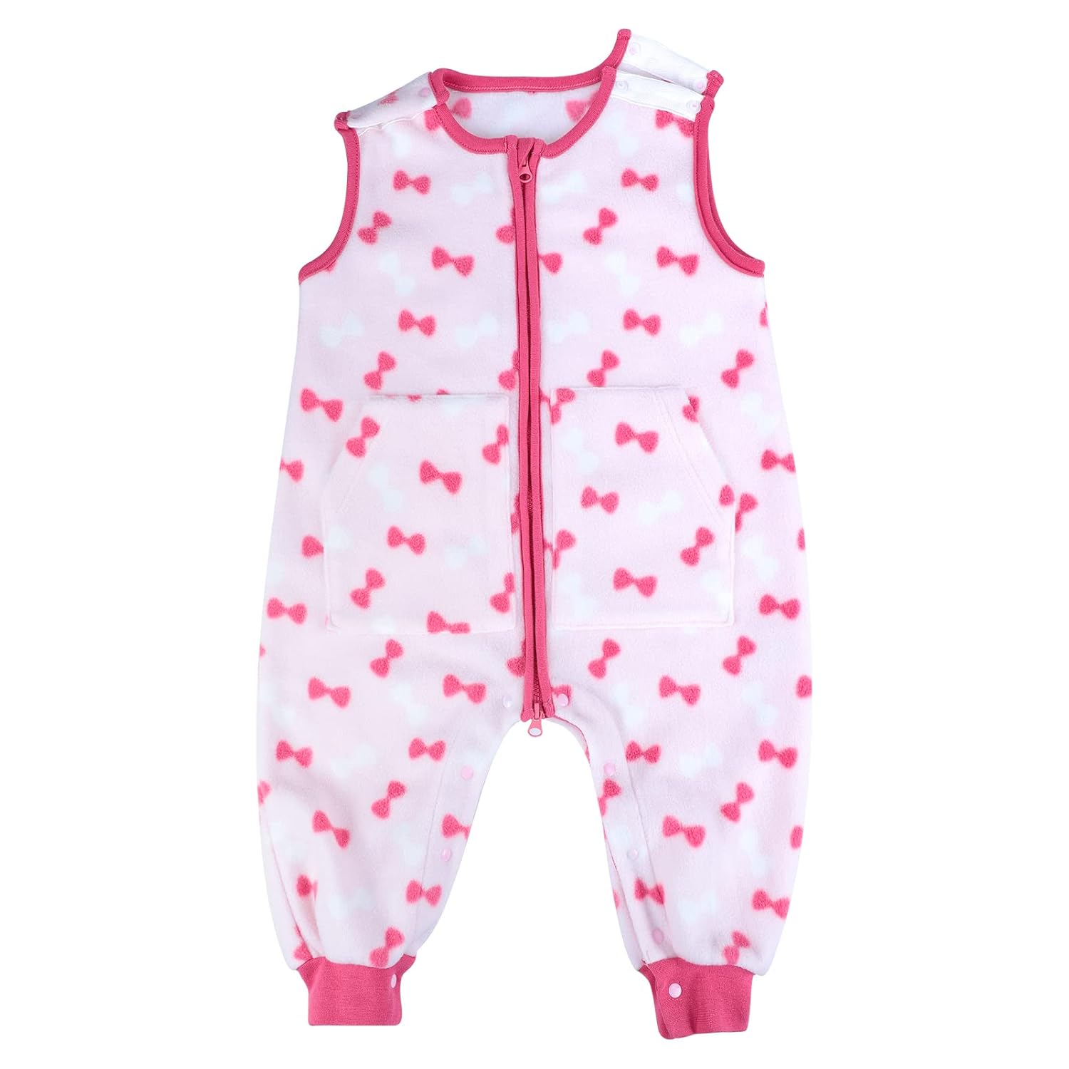 Baby Schlafsack mit Füßen 1.0 TOG aus Fleece, ärmellos – Atmungsaktiv, Ganzjahres Babyschlafsack (Rosa Schleife, 90)