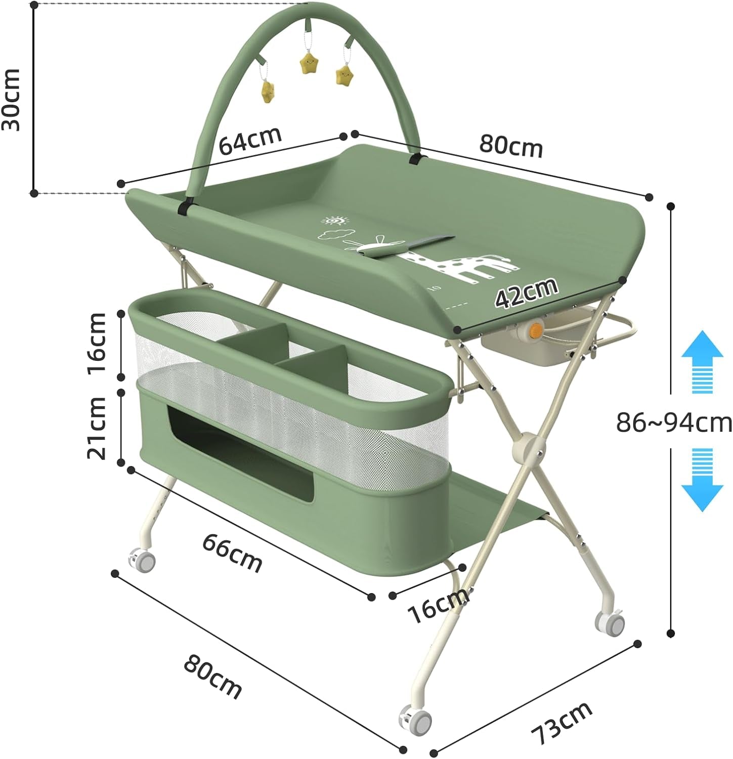 Homewell Klappbare Baby Wickelkommode mit 5 Höhen – tragbare Wickelstation mit Sicherheitsgurt, Waschbecken & Spielzeugregal (Grün)