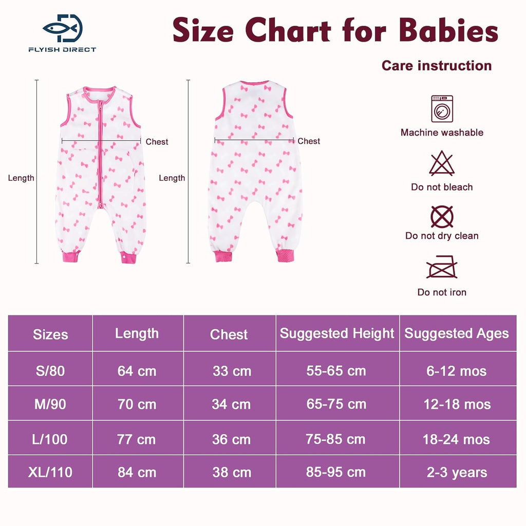 Baby Schlafsack mit Füßen 1.0 TOG aus Fleece, ärmellos – Atmungsaktiv, Ganzjahres Babyschlafsack (Rosa Schleife, 90)