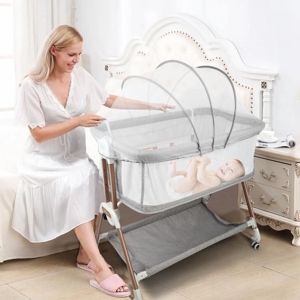 Kedia Babywiege mit Moskitonetz – höhenverstellbares Babybett & Reisebett mit Rollen (90×60×90–115cm)