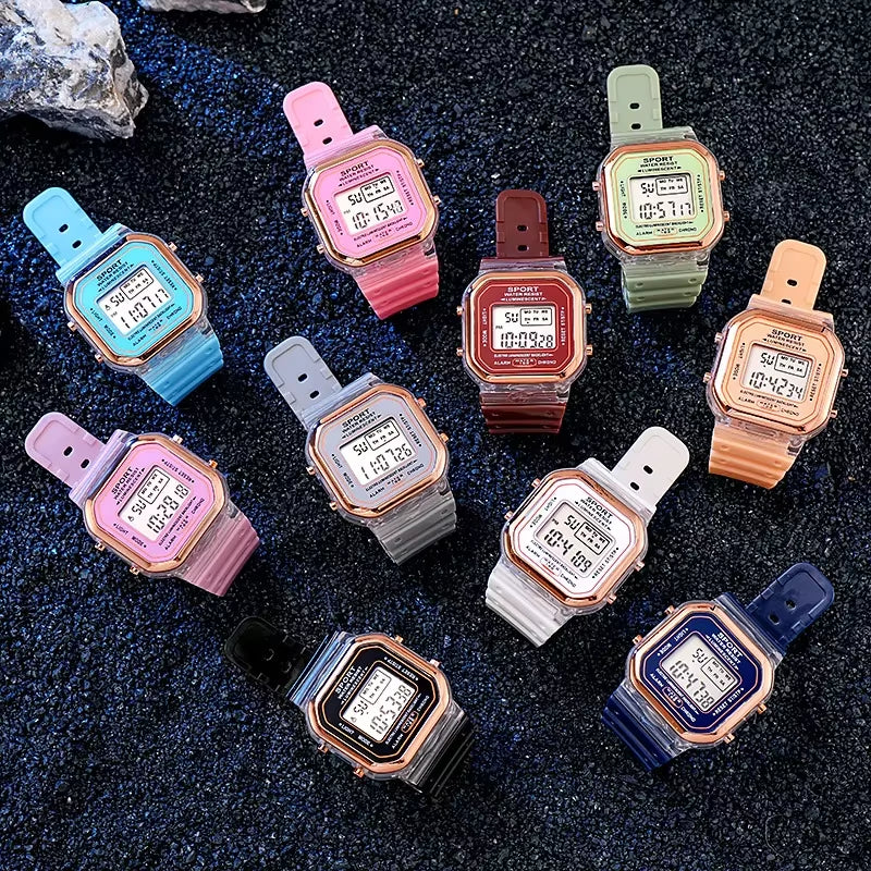 Fashion Brand Student Transparent Electronic Watch Candy Multicolor LED  Waterproof 