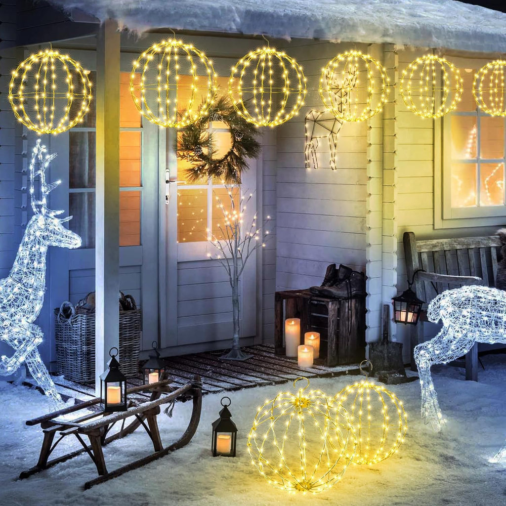 Joomer Weihnachtsbeleuchtung Außen Batterie Hängende LED Kugel Lichter Timer 33Cm 144 LED Und 28Cm 120 LED Leuchtkugel Weihnachtsdeko Außen 8 Modi Wasserdichte Für Garten Party Innen(2 Stück,Warmweiß)