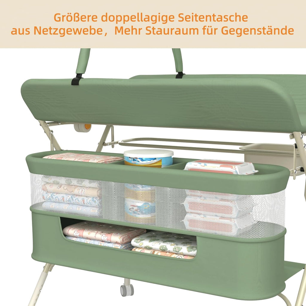 Homewell Klappbare Baby Wickelkommode mit 5 Höhen – tragbare Wickelstation mit Sicherheitsgurt, Waschbecken & Spielzeugregal (Grün)