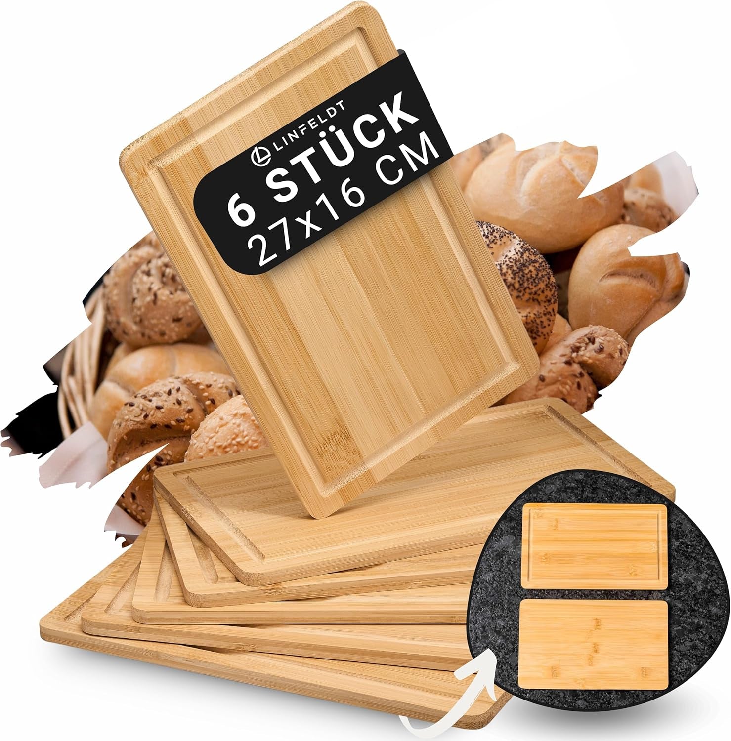 6Er Set Bambus Frühstücksbrettchen Holz 27X16X1Cm - Aus Bambus mit einer glatten Seite