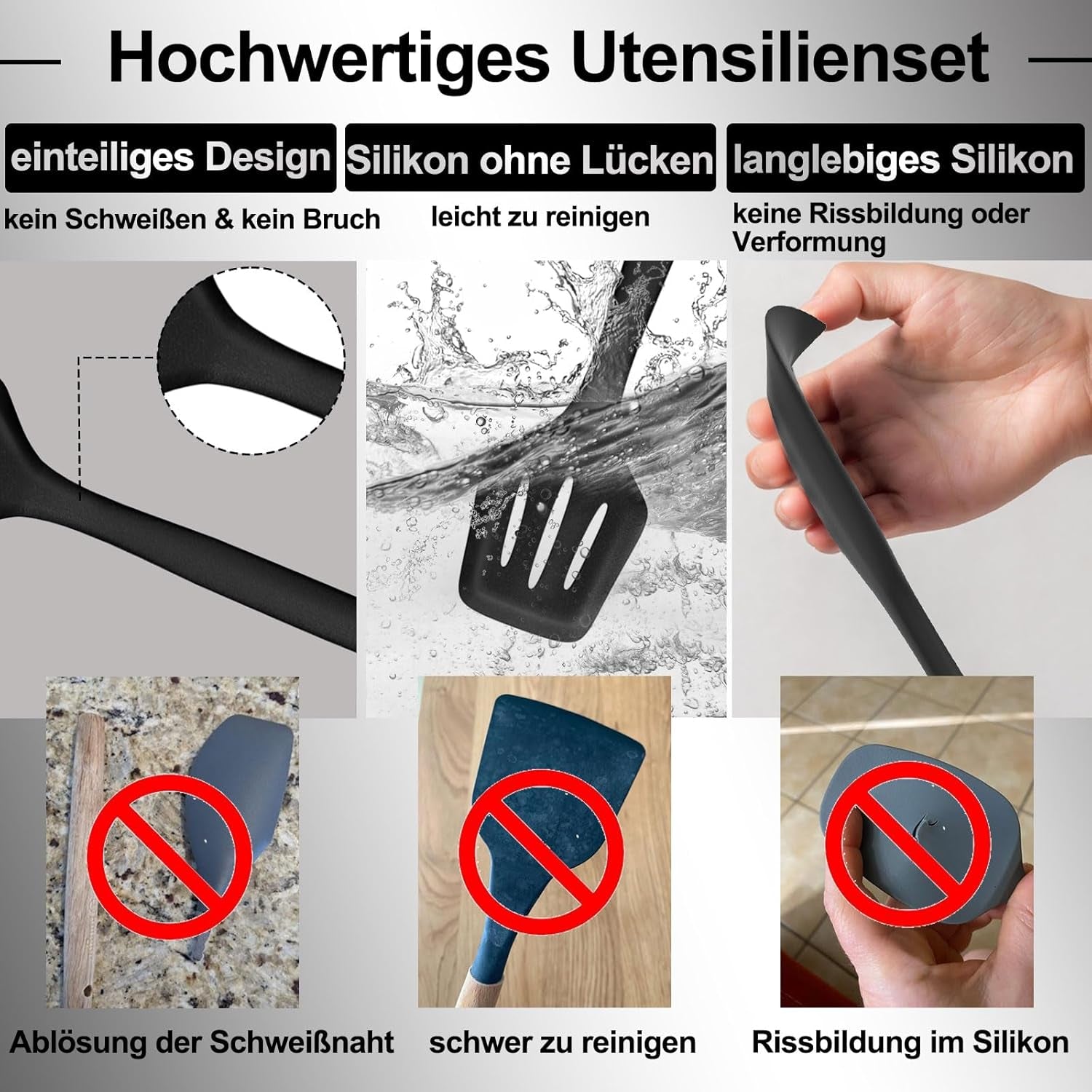 22-teiliges Silikon Küchenutensilien Set inkl. Halter – hitzebeständig, Antihaft, spülmaschinenfest – schwarz