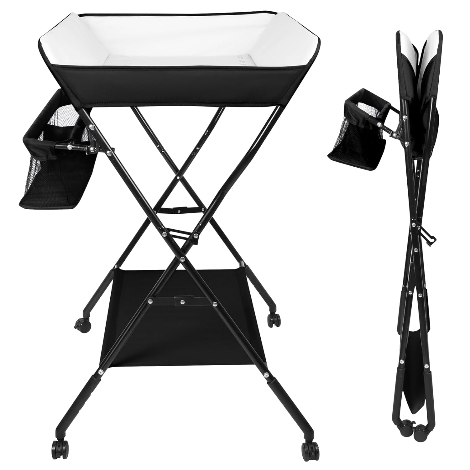 Höhenverstellbarer Klapp-Wickeltisch mit Rollen & Stauraum – tragbare Reisewickelkommode (86×62×96cm, Schwarz)