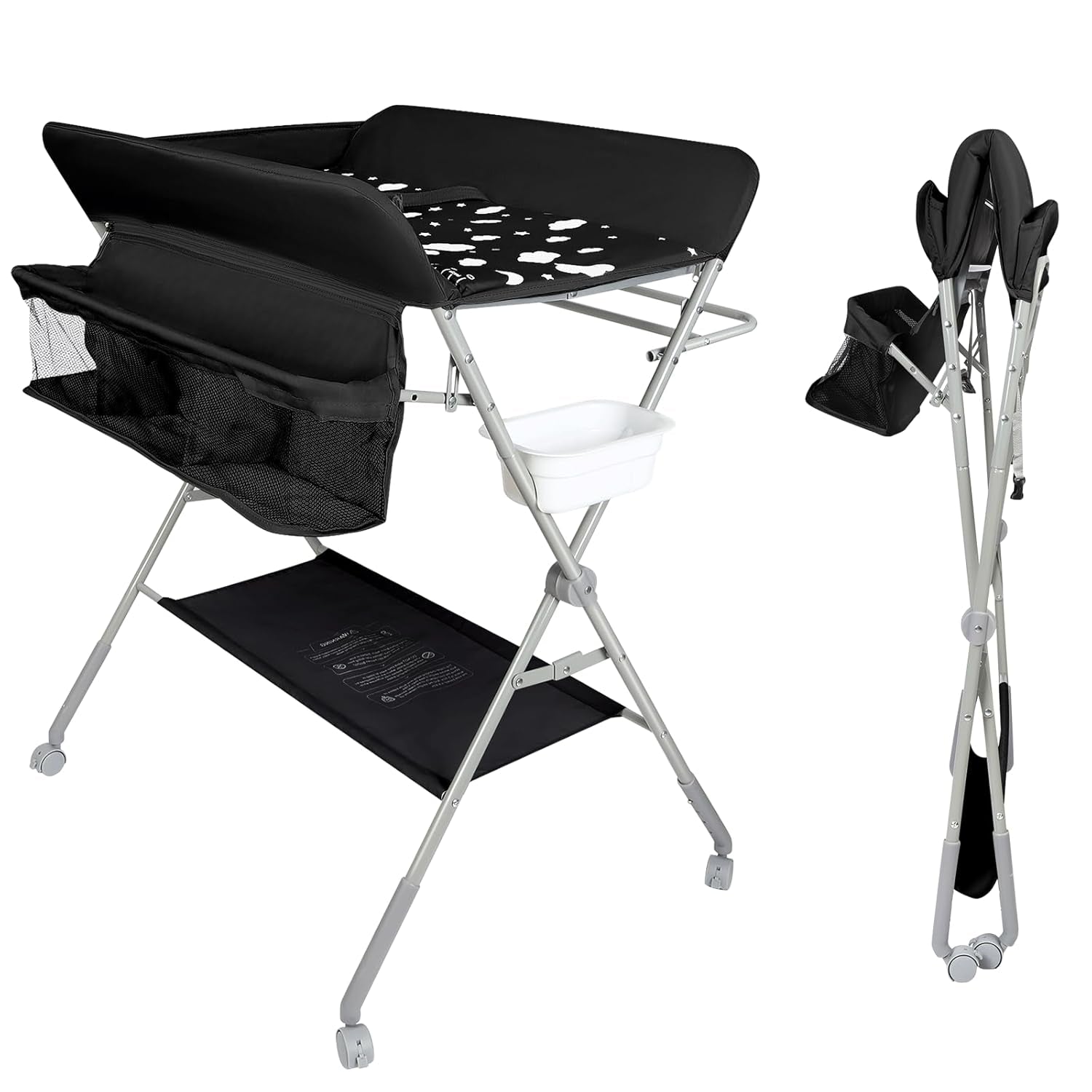 Höhenverstellbarer Klapp-Wickeltisch mit Rollen & Stauraum – tragbare Reisewickelkommode (86×62×96cm, Schwarz)