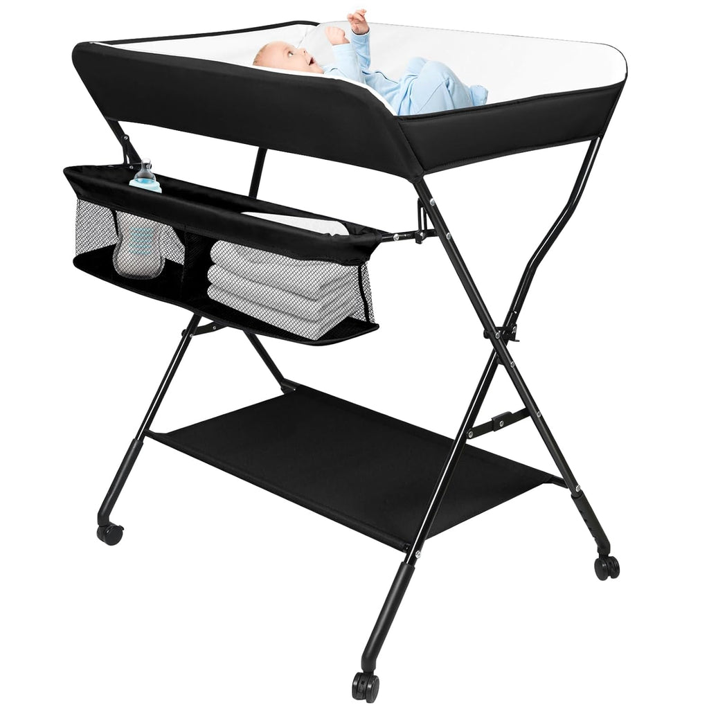 Höhenverstellbarer Klapp-Wickeltisch mit Rollen & Stauraum – tragbare Reisewickelkommode (86×62×96cm, Schwarz)