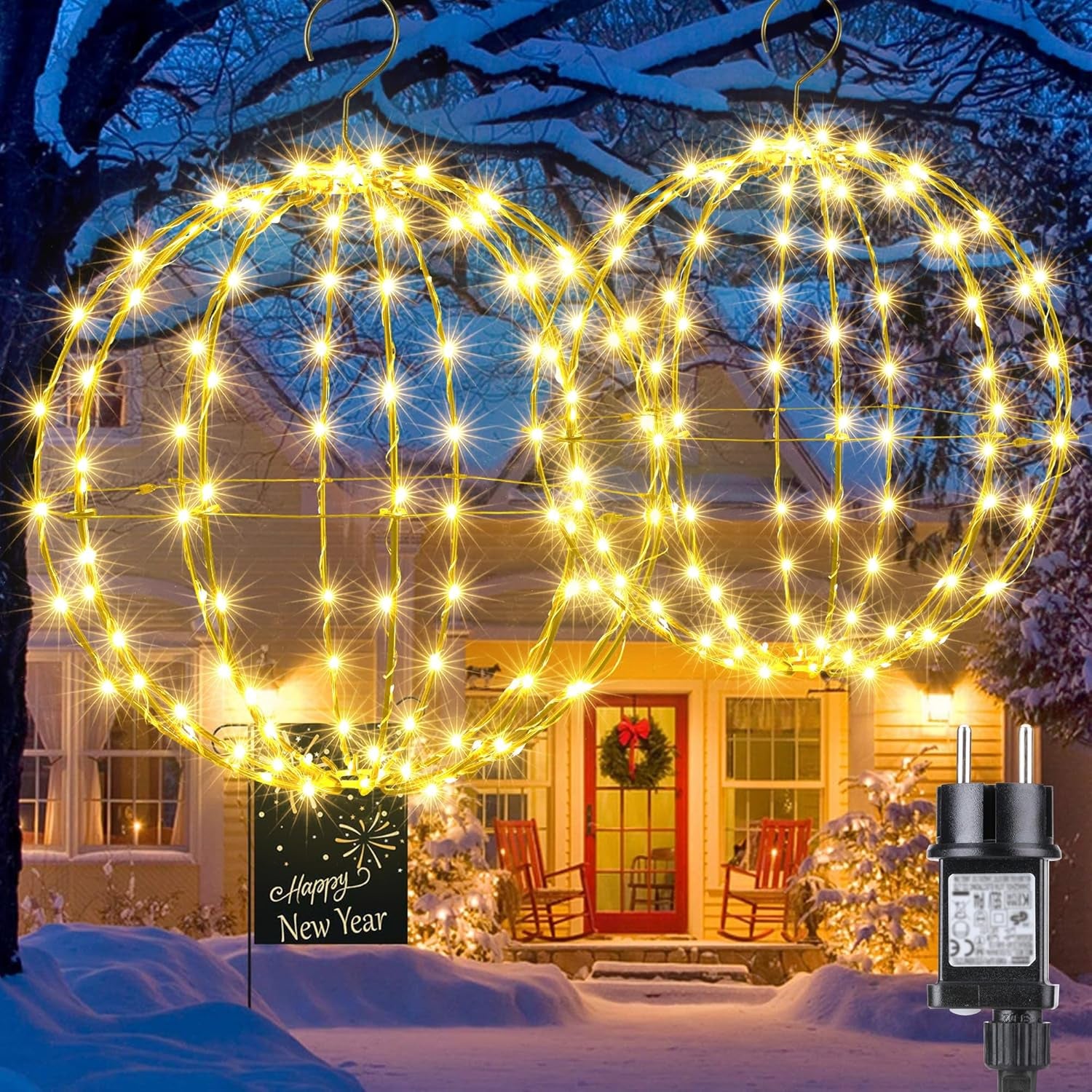 Joomer Weihnachtsbeleuchtung Außen Batterie Hängende LED Kugel Lichter Timer 33Cm 144 LED Und 28Cm 120 LED Leuchtkugel Weihnachtsdeko Außen 8 Modi Wasserdichte Für Garten Party Innen(2 Stück,Warmweiß)