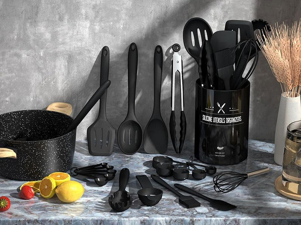 22-teiliges Silikon Küchenutensilien Set inkl. Halter – hitzebeständig, Antihaft, spülmaschinenfest – schwarz