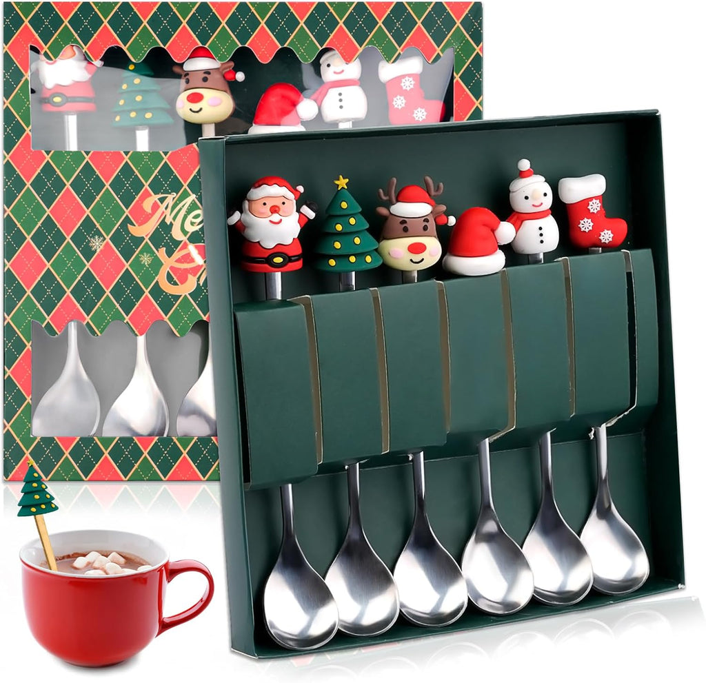 Weihnachtslöffel Set, 6 Stück Weihnachten Teelöffel, Kaffeelöffel Edelstahl, Christmas Spoons, Kaffee Weihnachten Löffel, Weihnachts Espressolöffel, Dessertlöffel Für Party Tischdekorationen
