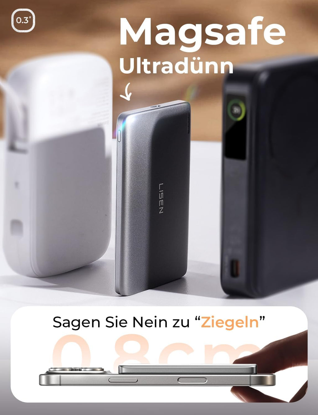 LISEN 0,8CM Slim Magsafe Powerbank,  Apple Power Bank Magnetisch Klein, Weihnachtsgeschenke 5000Mah Wireless Magsafe Akku & 18W PD USB C, Reise Zubehör Für Iphone 15 Pro 14 13 12
