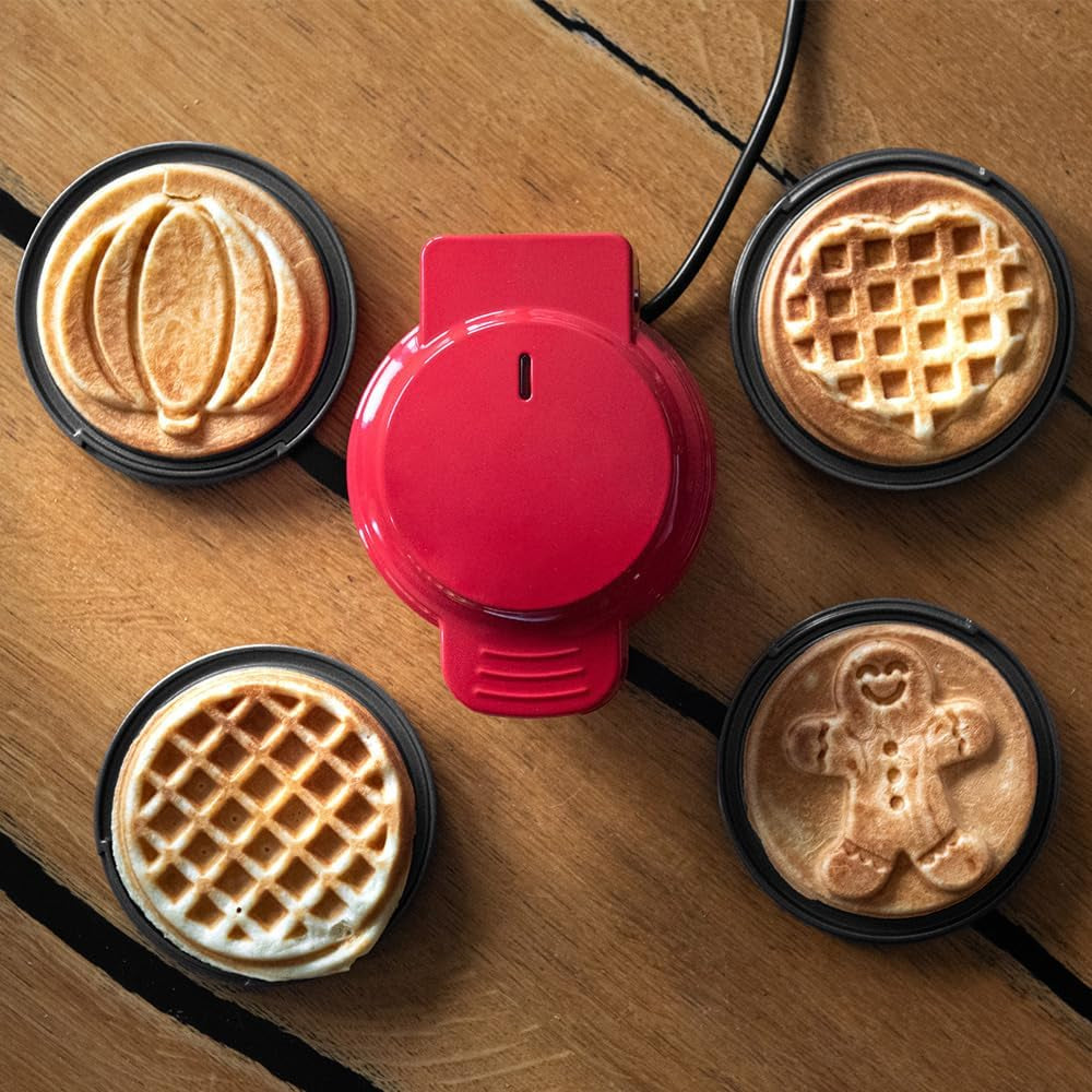 LEHMANN 4-In-1 Mini Waffeleisen Mit Wechselplatten - Kürbis, Lebkuchen, Herz Und Klassisch, Mini-Waffeleisen Für Feiertage, Halloween, Weihnachts, Kindergeburtstage, Antihaftbeschichtung, Rot