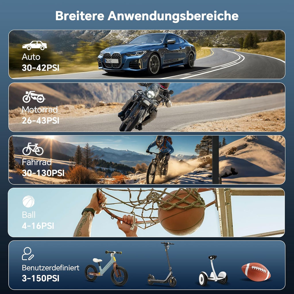 Elektrische Akku Fahrradpumpe – 150 PSI, Auto/Motorrad/Ball-Pumpe