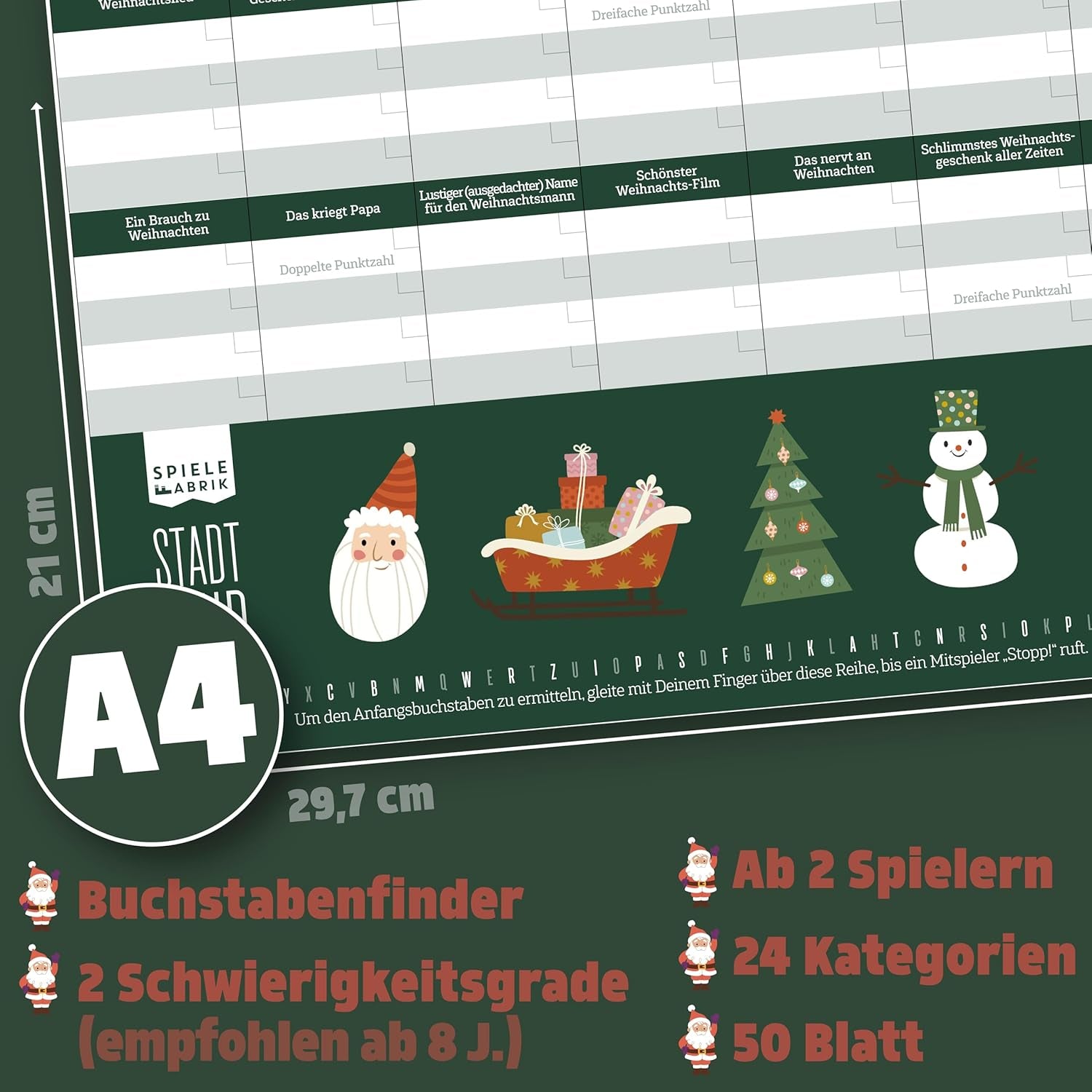 Stadt, Land, Klaus | Lustiges Ratespiel Für Weihnachten Mit 24 Xmas-Kategorien | Familienspiel Partyspiel Zur Weihnachtszeit | Geschenk-Idee Nikolaus | DIN A4-Block | 50 Blatt
